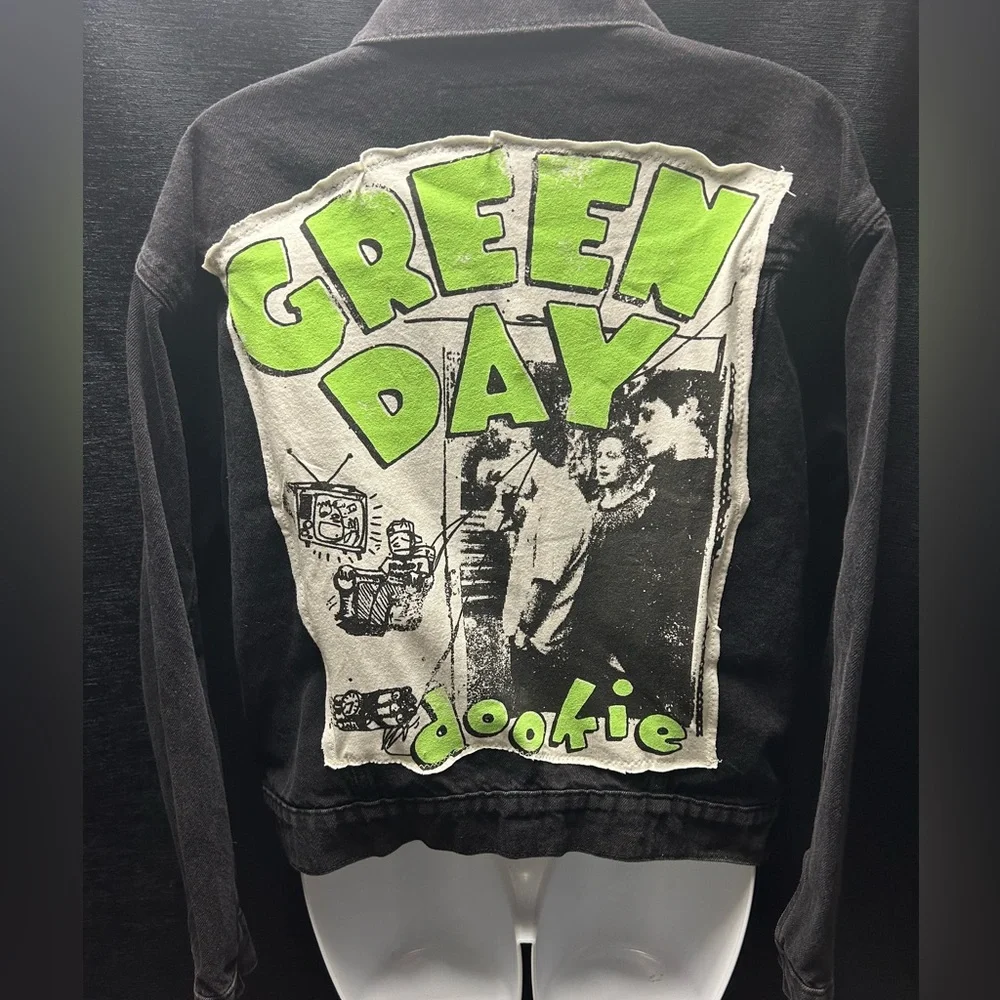 UPCYCLED one of a kind, Green Day Music Denim Jacket - Picture 1 of 4